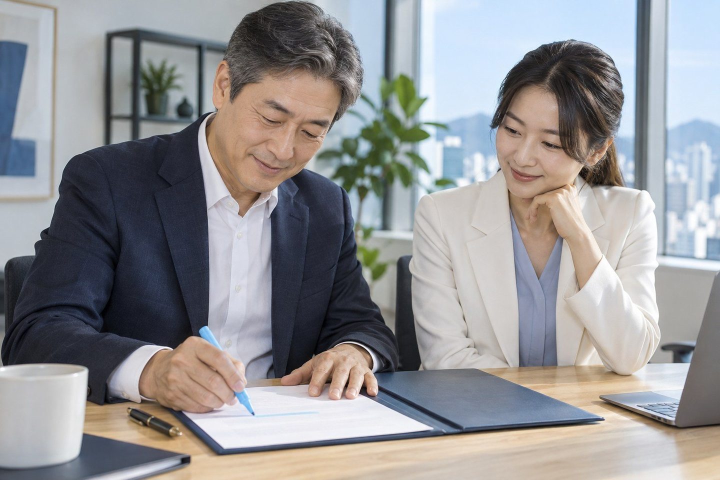 서류에 표시된 내용을 함께 읽는 두 사람 — PG대행사 개통비개통비 0원, 가입비와 설치비도 같아요. 연락 주시면 무엇이 0원인지 하나씩 짚어 드립니다.