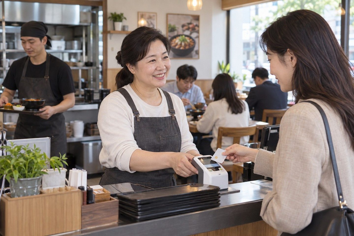 매장 카운터에서 고객에게 결제를 안내하는 여성 — PG대행사 상담상담, 첫마디는 지금 겪는 일이면 돼요. 연락 주시면 개통부터 그 뒤까지 같이 정리해 드립니다.